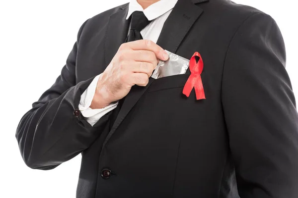 Bijgesneden Schot Van Zakenman Pak Met Aids Bewustzijn Rood Lint — Stockfoto