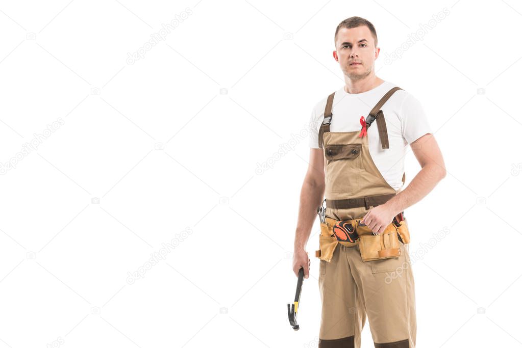 handsome adult builder with aids awareness red ribbon on overall isolated on white