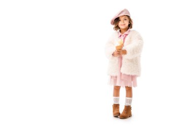 adorable happy child in stylish clothes with ice cream looking at camera isolated on white clipart