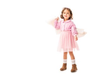 pembe elbise beyaz izole eğleniyor güzel küçük çocuk