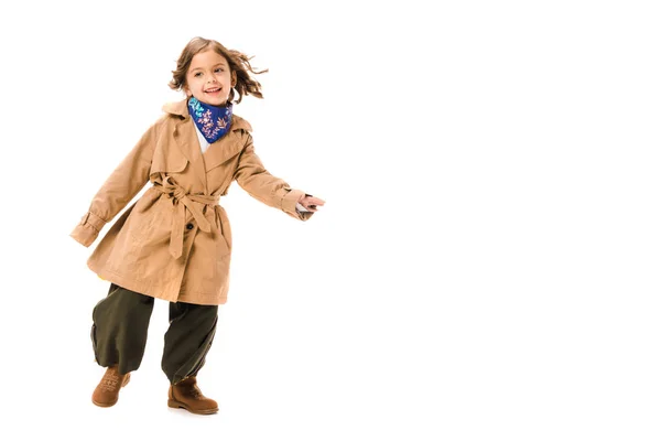 Niño Feliz Gabardina Aislado Blanco — Foto de Stock