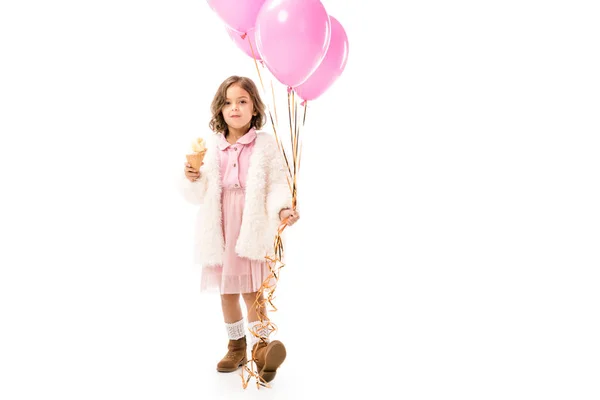 Όμορφο Κομψό Παιδί Ροζ Αέρα Μπαλόνια Και Παγωτό Που Απομονώνονται — Δωρεάν Φωτογραφία