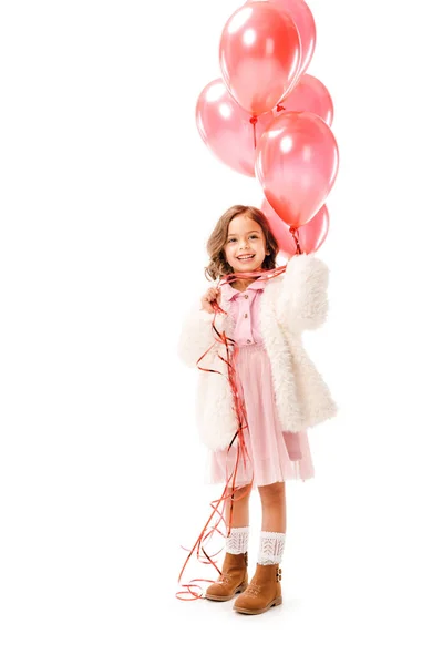 Niño Feliz Con Globos Aire Rosa Aislados Blanco — Foto de stock gratis