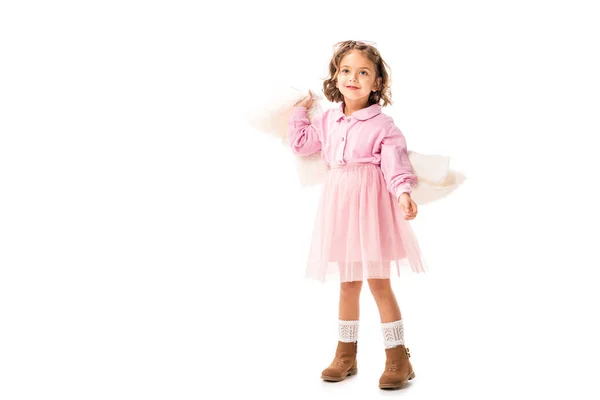 Hermoso Niño Pequeño Ropa Rosa Divertirse Aislado Blanco — Foto de Stock