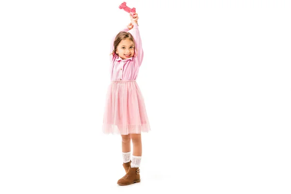 Cute Kid Pink Dress Holding Gamepad Isolated White — Stock Photo, Image