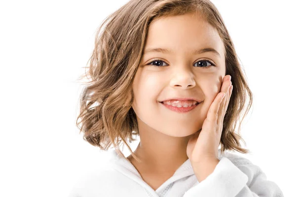 Little Smiling Kid Touching Face Looking Camera Isolated White — Stock Photo, Image