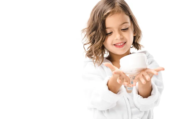 Enfant Gai Peignoir Blanc Montrant Crème Pour Corps Dans Les — Photo