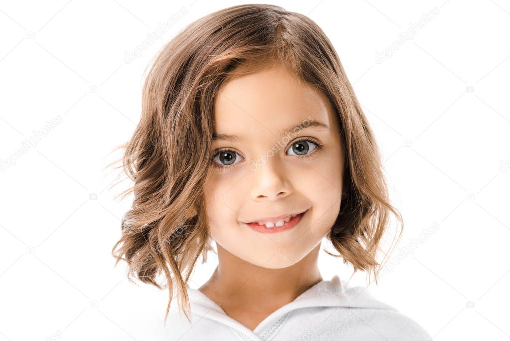 portrait of cute child in white bathrobe isolated on white