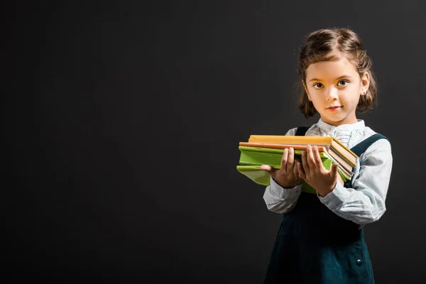 Portrait Adorable Schoolchild Holding Books Isolated Black — Stock Photo, Image