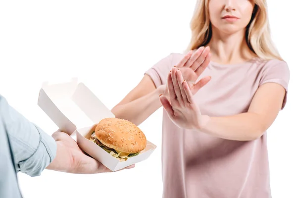 Beskuren Bild Kvinnan Att Förkasta Ohälsosamma Burger Isolerad Vit — Stockfoto