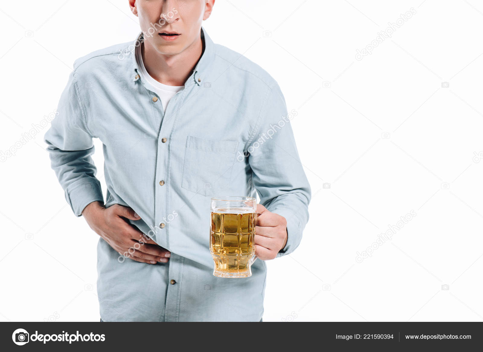 Cropped Image Man Showing Stomach Pain Holding Glass Beer Isolated ...
