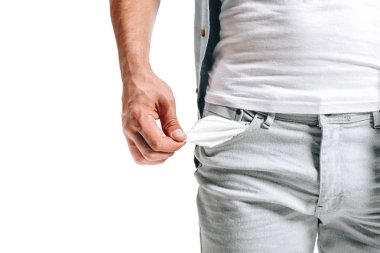 cropped image of man showing empty pocket isolated on white clipart