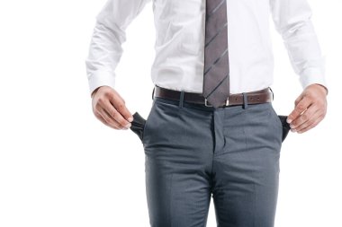 cropped image of businessman man showing empty pockets isolated on white clipart
