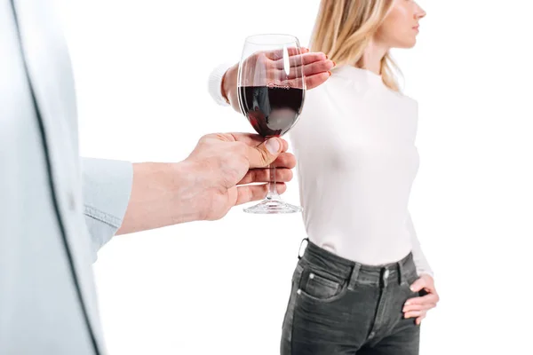 妇女拒绝玻璃查出的红色葡萄酒的裁剪图像白色 — 图库照片