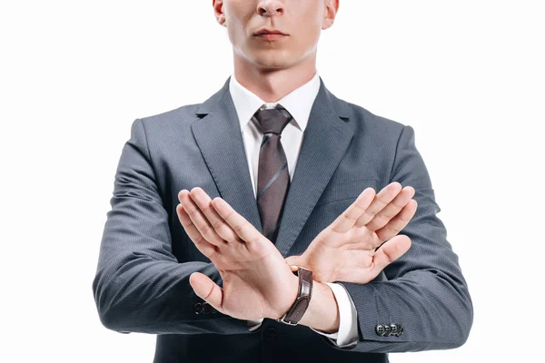 Cropped Image Businessman Suit Showing Rejection Sign Isolated White — Stock Photo, Image