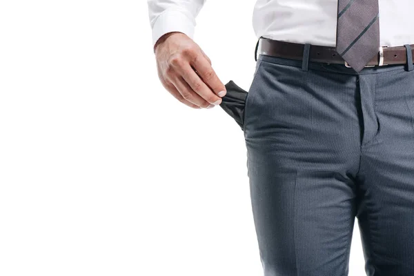 Abgeschnittenes Bild Von Geschäftsmann Zeigt Leere Tasche Isoliert Auf Weiß — Stockfoto