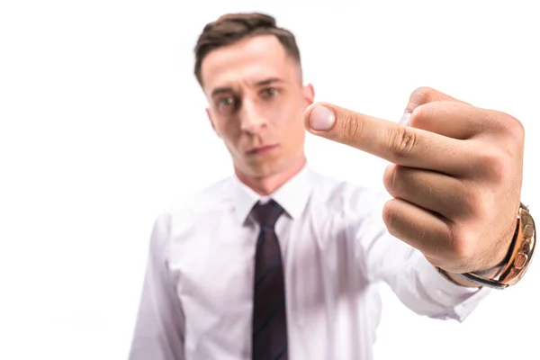 Selective Focus Angry Businessman Showing Middle Finger Isolated White — Free Stock Photo