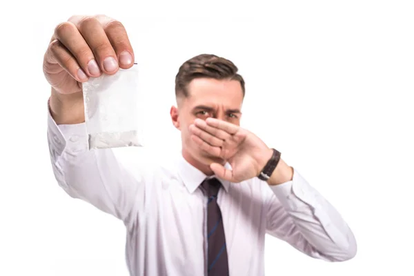 Selective Focus Businessman Rejecting Cocaine Isolated White — Free Stock Photo