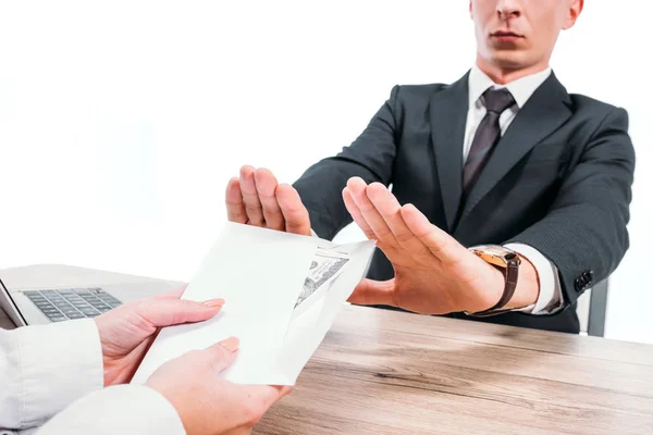 Cropped Image Businessman Rejecting Bribe Envelope Isolated White — Stock Photo, Image