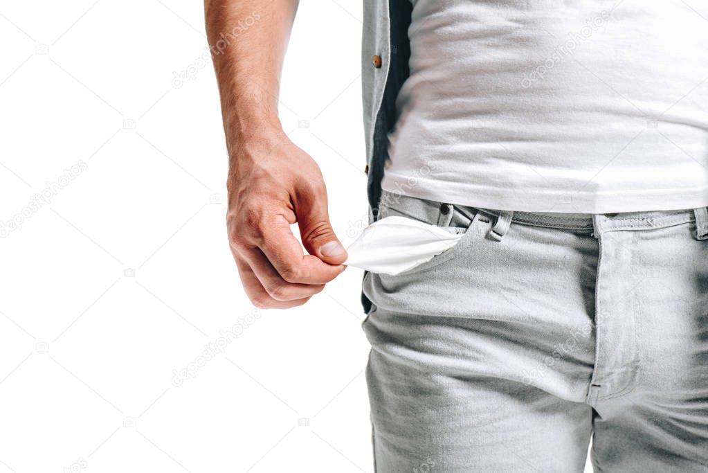 cropped image of man showing empty pocket isolated on white