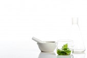 mortar with pestle and glass jars with herbs isolated on white