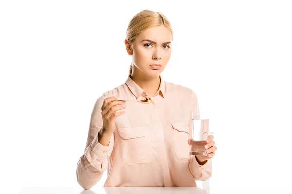 Irritated Attractive Woman Holding Spoon Pills Glass Water Isolated White — Stock Photo, Image