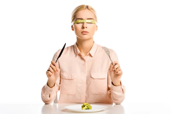 Attractive Woman Tape Measure Eyes Holding Fork Knife Piece Broccoli Stock Image