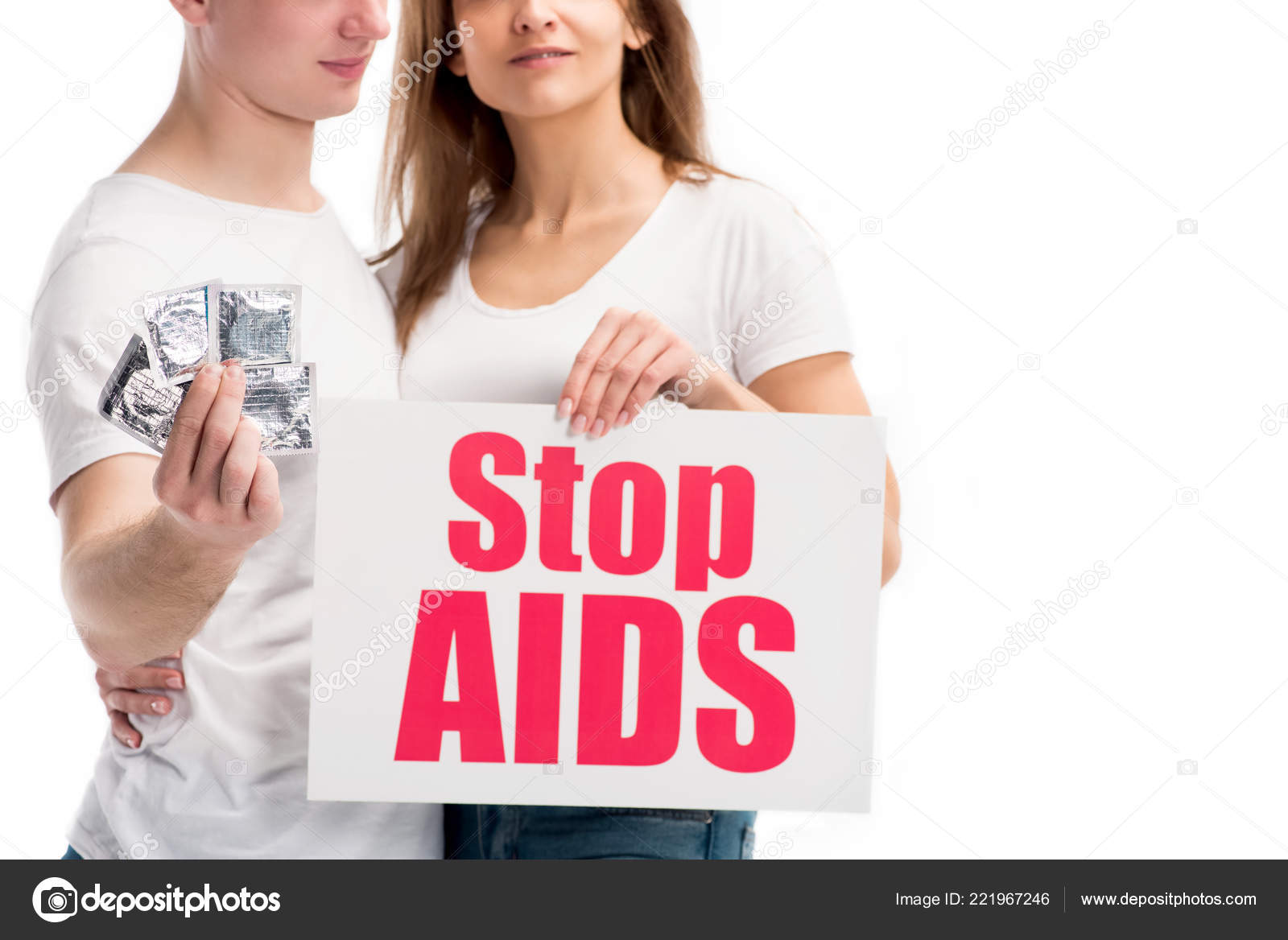 Cropped Image Boyfriend Holding Condoms Girlfriend Showing Card Stop