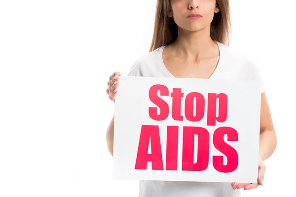 Imagen Recortada Mujer Que Sostiene Tarjeta Con Texto Stop Aids — Foto de stock gratis