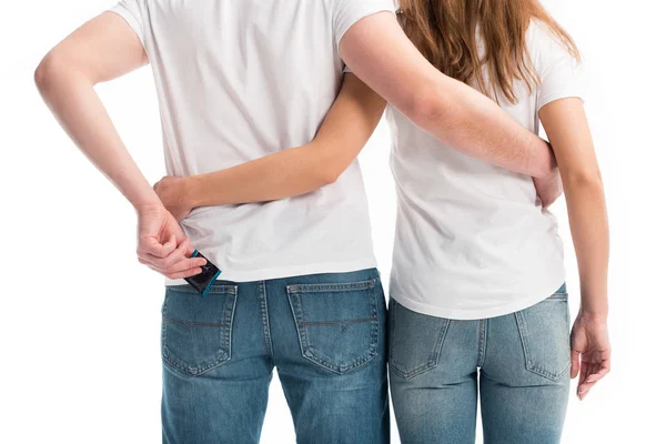 Cropped Image Heterosexual Couple Hugging Isolated White Boyfriend Taking Condom — Stock Photo, Image