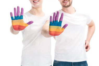 gay çift eller üzerinde beyaz izole gurur bayrağı renklerde boyanmış gösterilen gülümseyen bir görüntü kırpılmış, Dünya AIDS Günü kavramı