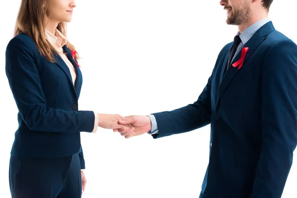 Cropped Image Businesspeople Red Ribbons Suits Shaking Hands Isolated White — Stock Photo, Image