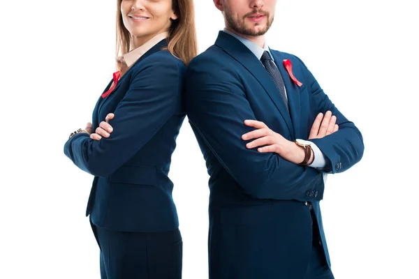 Cropped Image Businesspeople Red Ribbons Suits Standing Crossed Arms Isolated — Stock Photo, Image