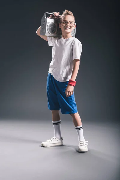 Stylish Preteen Boy Holding Boombox Shoulder Grey Backdrop — Stock Photo, Image