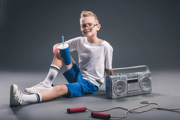 Boy Eyeglasses Soda Drink Boombox Jump Rope Grey Backdrop — Stock Photo, Image