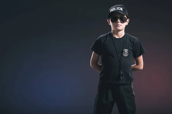 Portrait Serious Boy Policeman Uniform Sunglasses Dark Background — Stock Photo, Image