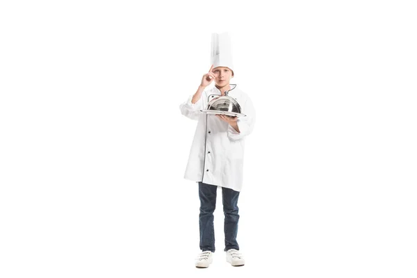 Boy Chef Uniform Hat Holding Metal Serving Tray Isolated White — Stock Photo, Image