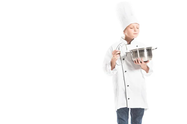 Portrait Pre Adolescent Boy Chef Uniform Saucepan Isolated White — Free Stock Photo
