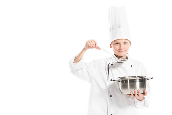 Niño Preadolescente Uniforme Chef Con Cacerola Cucharón Aislados Blanco — Foto de stock gratis