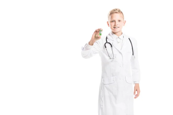 Portrait Preteen Boy Doctors White Coat Stethoscope Medicine Isolated White — Stock Photo, Image