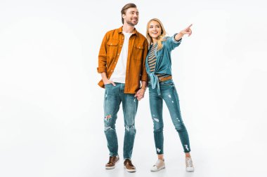 güzel genç kadın erkek beyaz izole parmak tarafından işaret