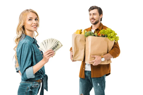 Cheerful Woman Showing Money While Her Boyfriend Standing Products Shopping — Stock Photo, Image