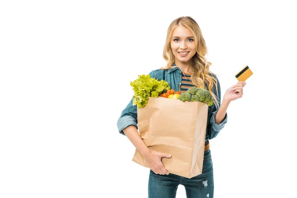 Beautiful Girl Holding Shopping Bag Food Showing Credit Card Isolated — Stock Photo, Image