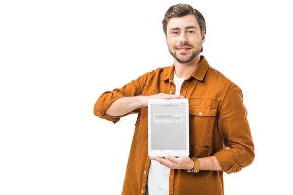 Smiling Young Man Showing Digital Tablet Blocked Com Website Screen — Stock Photo, Image