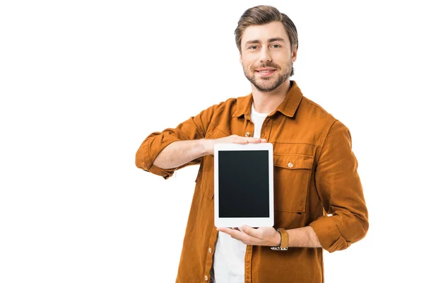 Lächelnder Mann Zeigt Digitales Tablet Mit Leerem Bildschirm Auf Weißem — Stockfoto