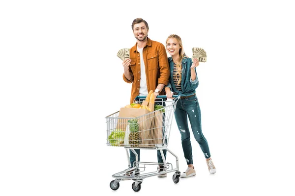 Young Happy Couple Showing Cash Money Carrying Shopping Trolley Food — Stock Photo, Image