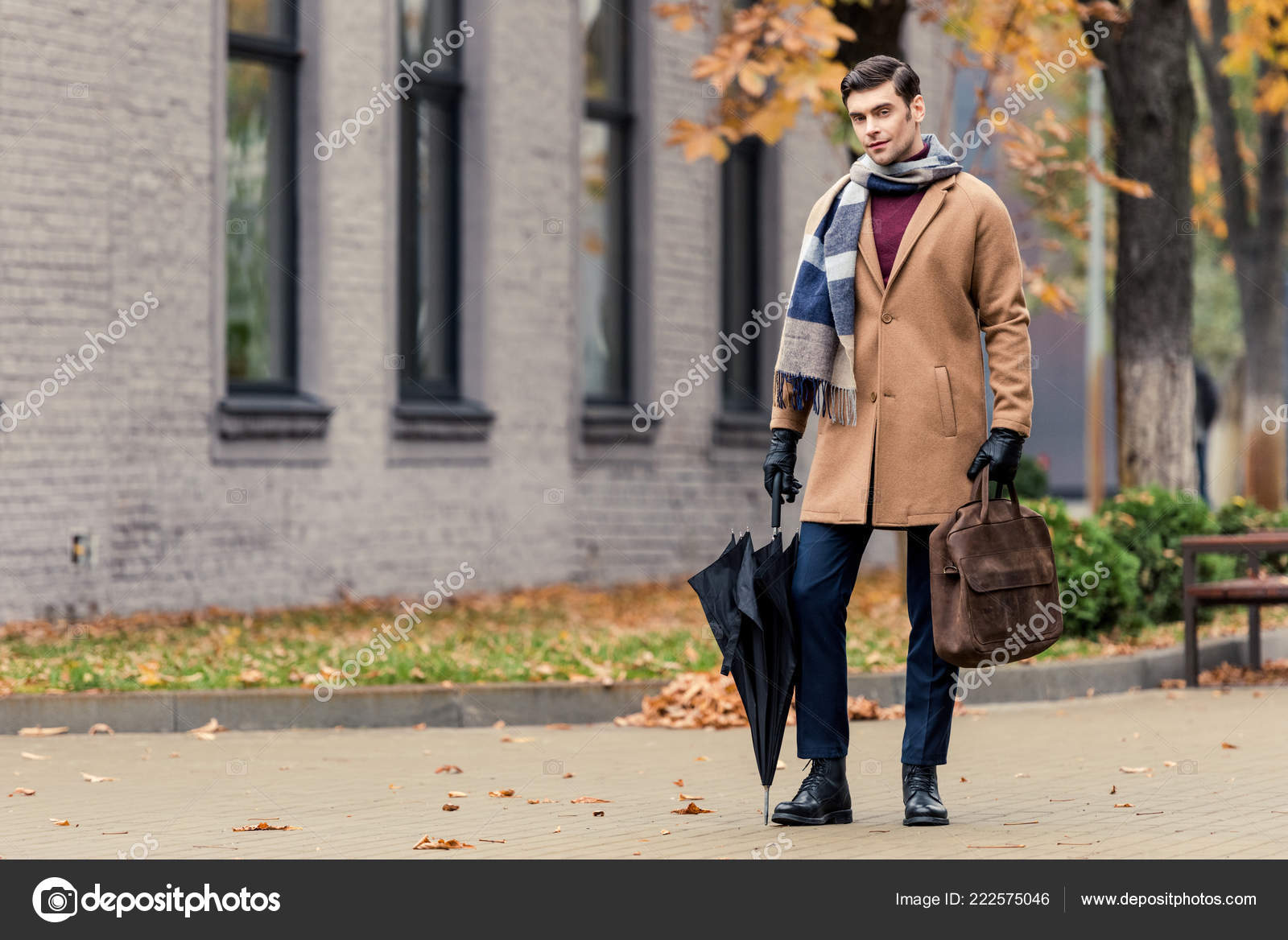 Handsome Man Coat Briefcase Umbrella Walking Autumnal Street Stock Photo by ©EdZbarzhyvetsky