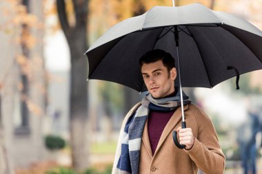 handsome stylish man in coat and scarf with umbrella looking at camera on autumnal street clipart