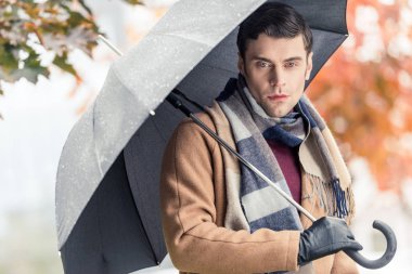 Paltonu ve kaşkolünü kameraya sonbahar Caddesi üzerinde seyir şemsiye ile yakışıklı adam