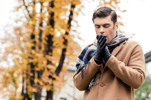 时尚的人在秋天的街道上的外套冻结的底部视图 — 图库照片